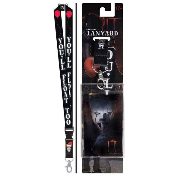 Lanyard with 'You'll Float Too' text and packaging featuring a character from a horror movie.