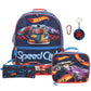 Hot Wheels backpack, lunch bag, pencil case, and keychain set on a white background