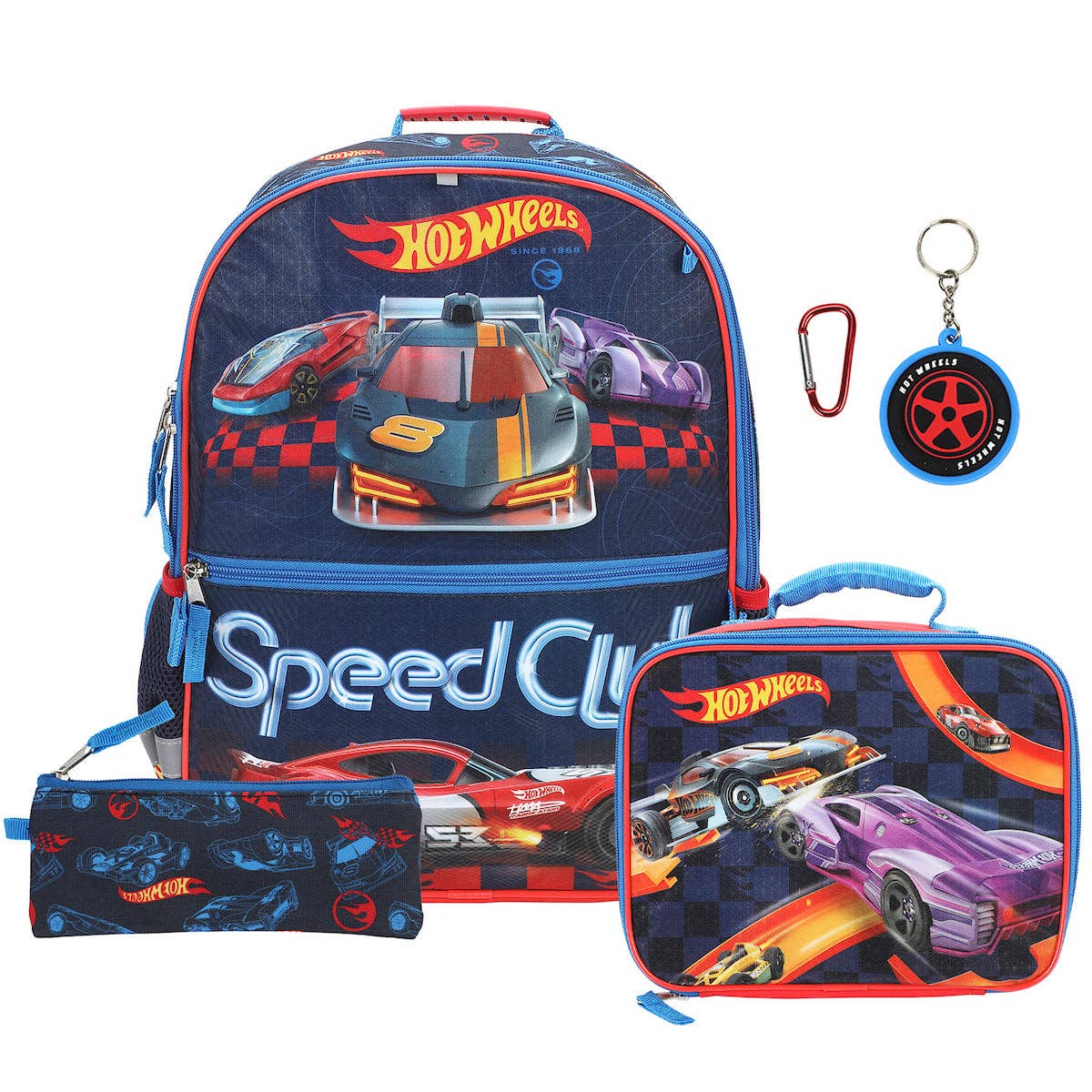 Hot Wheels backpack, lunch bag, pencil case, and keychain set on a white background