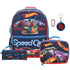 Hot Wheels backpack, lunch bag, pencil case, and keychain set on a white background