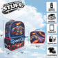 Backpack and lunchbox with Hot Wheels design on a blue sky background
