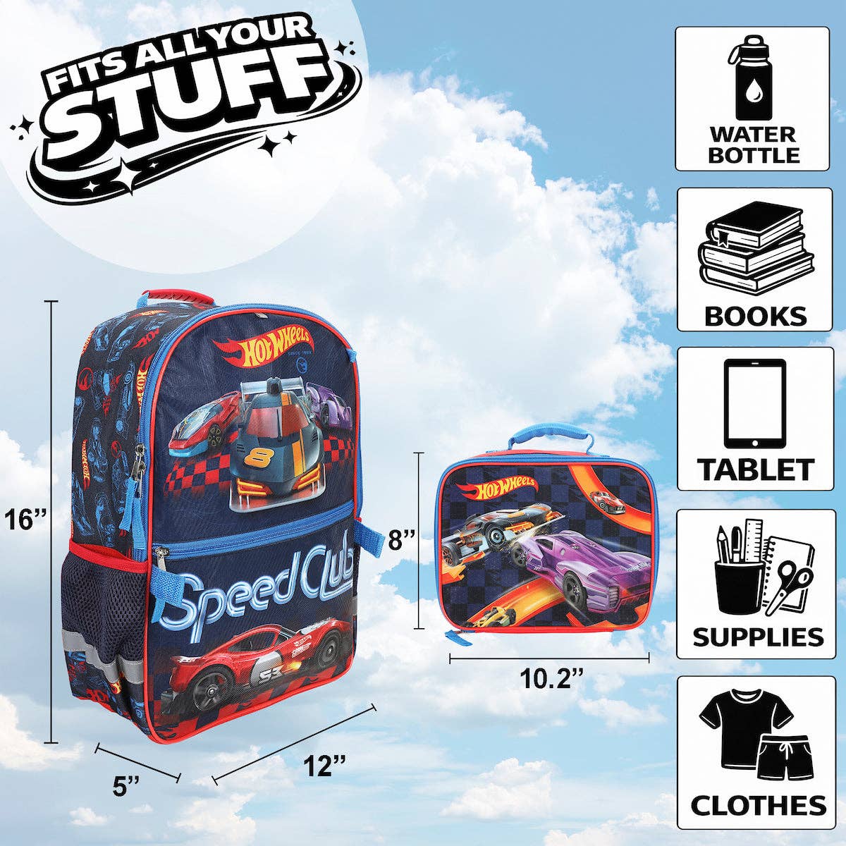 Backpack and lunchbox with Hot Wheels design on a blue sky background