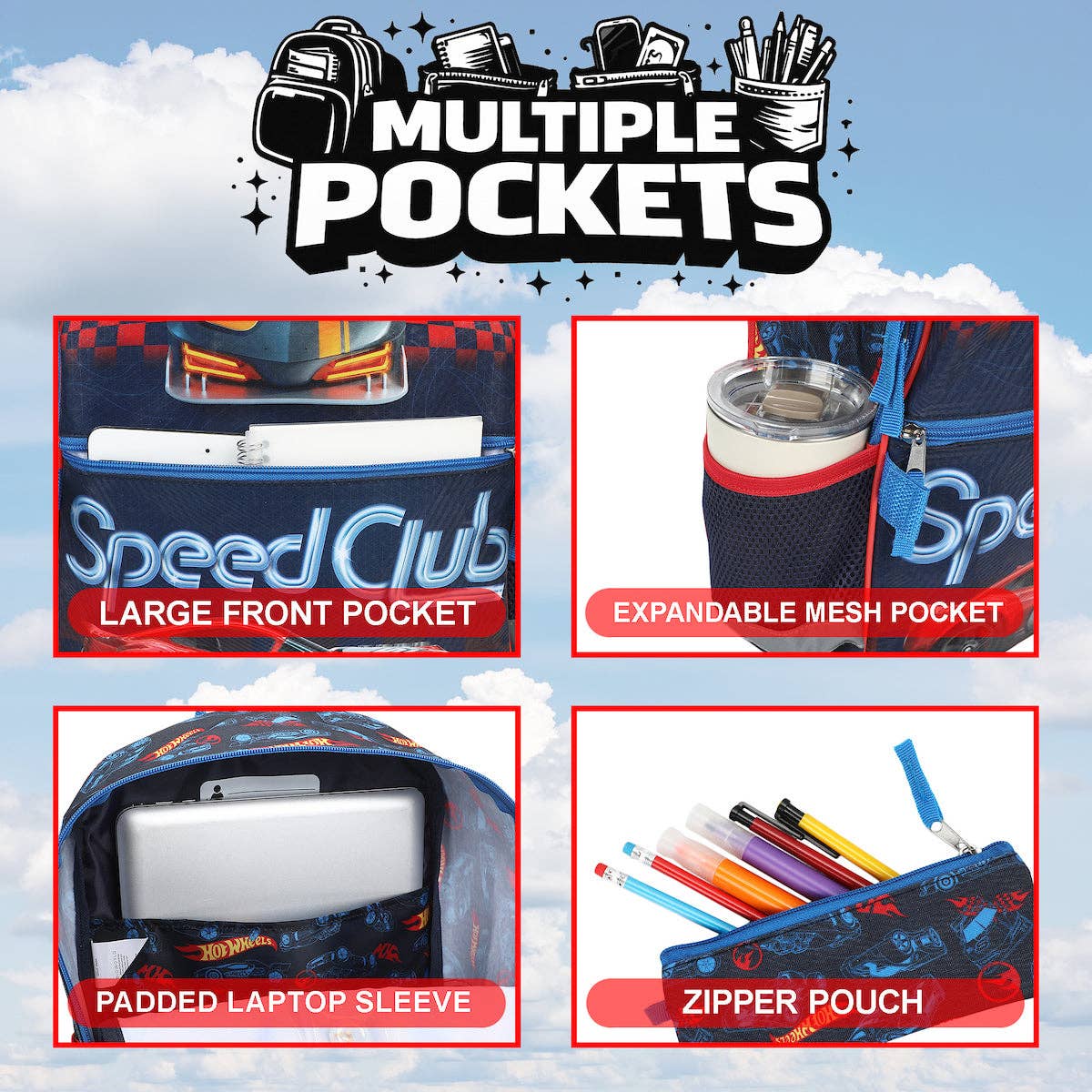 Product display with multiple pockets on a blue sky background