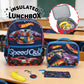 Hot Wheels Speed Club backpack, lunchbox, and accessories on a classroom desk.