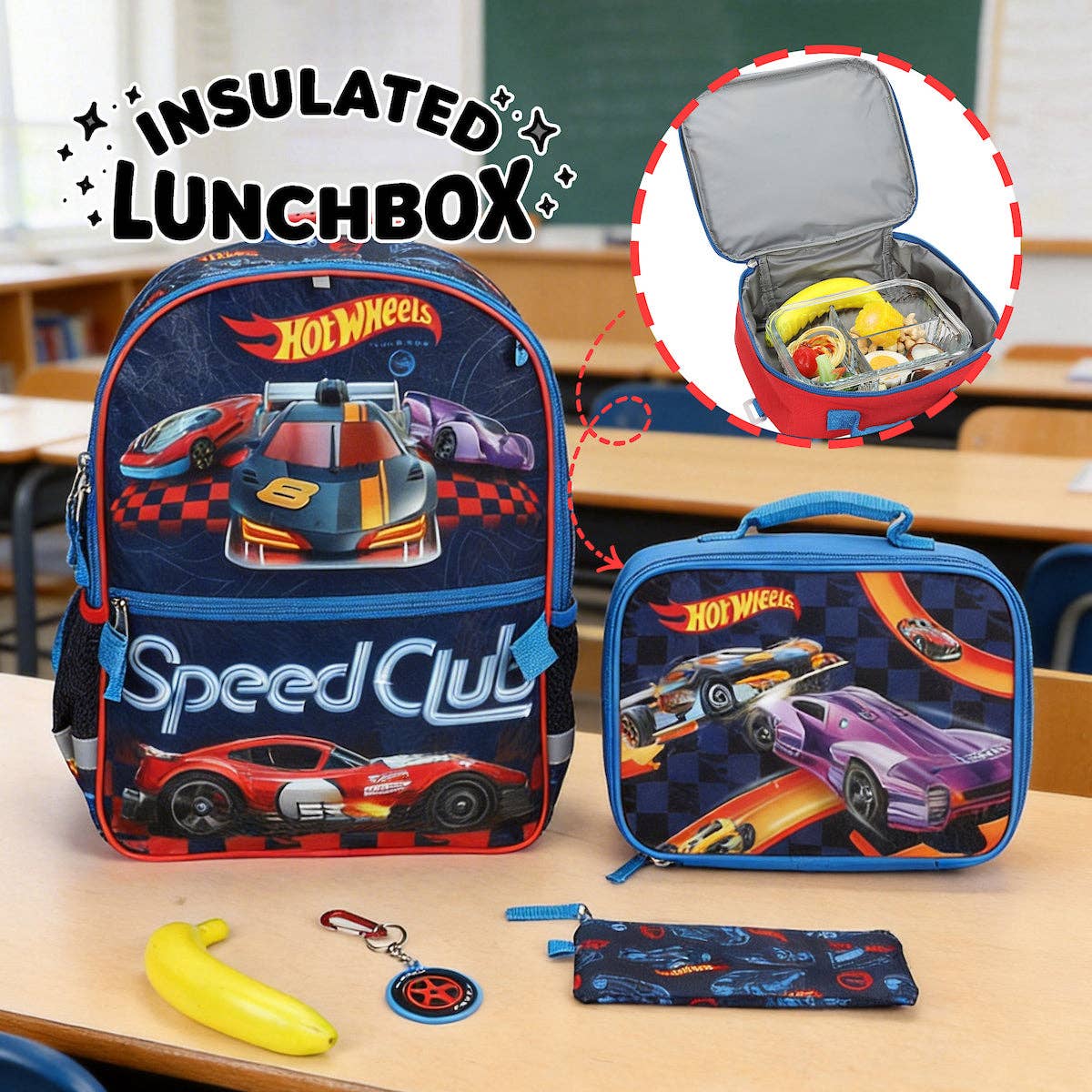 Hot Wheels Speed Club backpack, lunchbox, and accessories on a classroom desk.