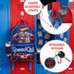 Backpack with Hot Wheels design in front of red and blue lockers, featuring padded adjustable straps and a detachable keychain.