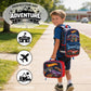 Child with a Hot Wheels backpack and lunch bag on a sidewalk, with 'Perfect for Any Adventure' text above.