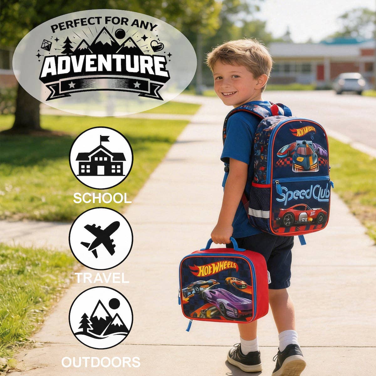 Child with a Hot Wheels backpack and lunch bag on a sidewalk, with 'Perfect for Any Adventure' text above.