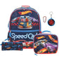 Hot Wheels Speed Club school bag set including a backpack, lunch box, pencil case, and a keychain, all featuring colorful race car graphics on a dark blue checkered background.