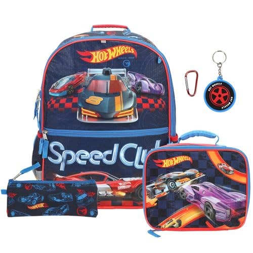 Hot Wheels Speed Club school bag set including a backpack, lunch box, pencil case, and a keychain, all featuring colorful race car graphics on a dark blue checkered background.