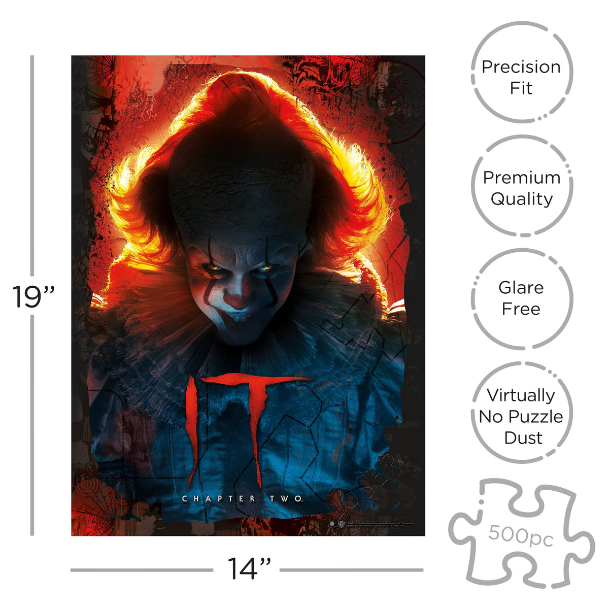 Jigsaw puzzle packaging featuring a character with fiery hair and 'IT' text, with dimensions and product features listed.