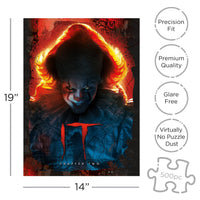 Jigsaw puzzle packaging featuring a character with fiery hair and 'IT' text, with dimensions and product features listed.