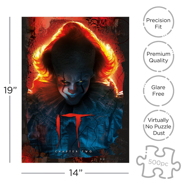 Jigsaw puzzle packaging featuring a character with fiery hair and 'IT' text, with dimensions and product features listed.