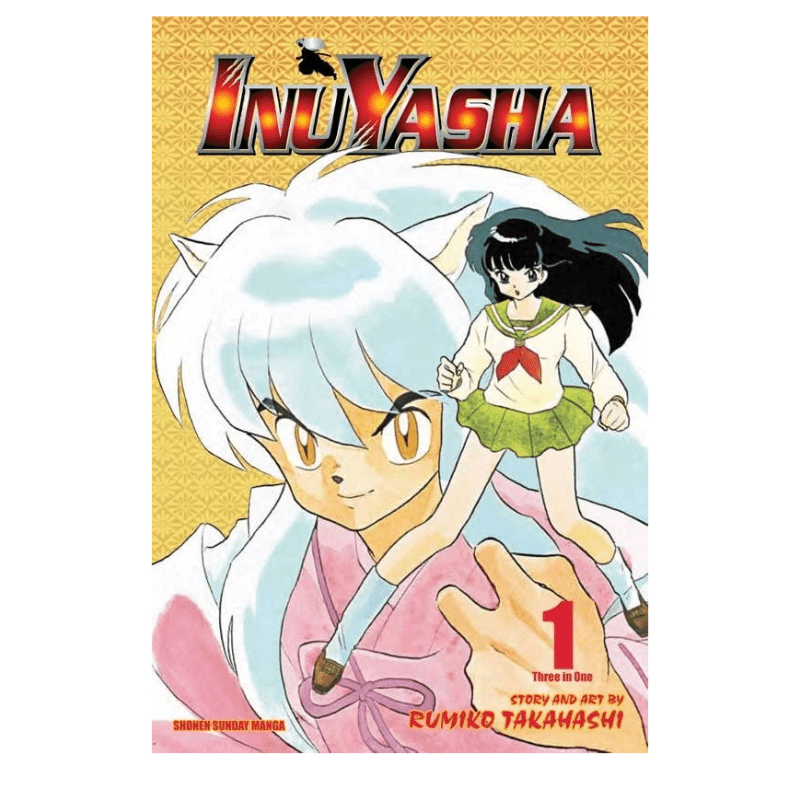 InuYasha Volume 1 manga book cover by Rumiko Takahashi, featuring the title at the top and illustrated characters on a gold patterned background.