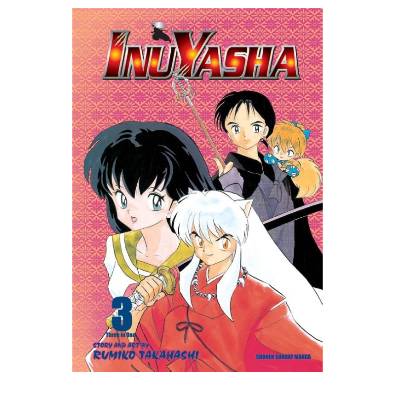 Inuyasha Volume 3 manga book cover by Rumiko Takahashi, featuring the main characters Inuyasha, Kagura, and Tetsurou against a pink patterned background.