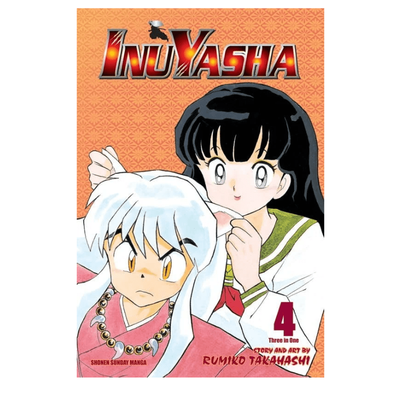 Inuyasha Volume 4 manga book cover by Rumiko Takayashi, featuring the title 'Inuyasha' in large red and gold letters at the top, with illustrated characters Koyori Higuchi and Inuyasha on an orange patterned background.