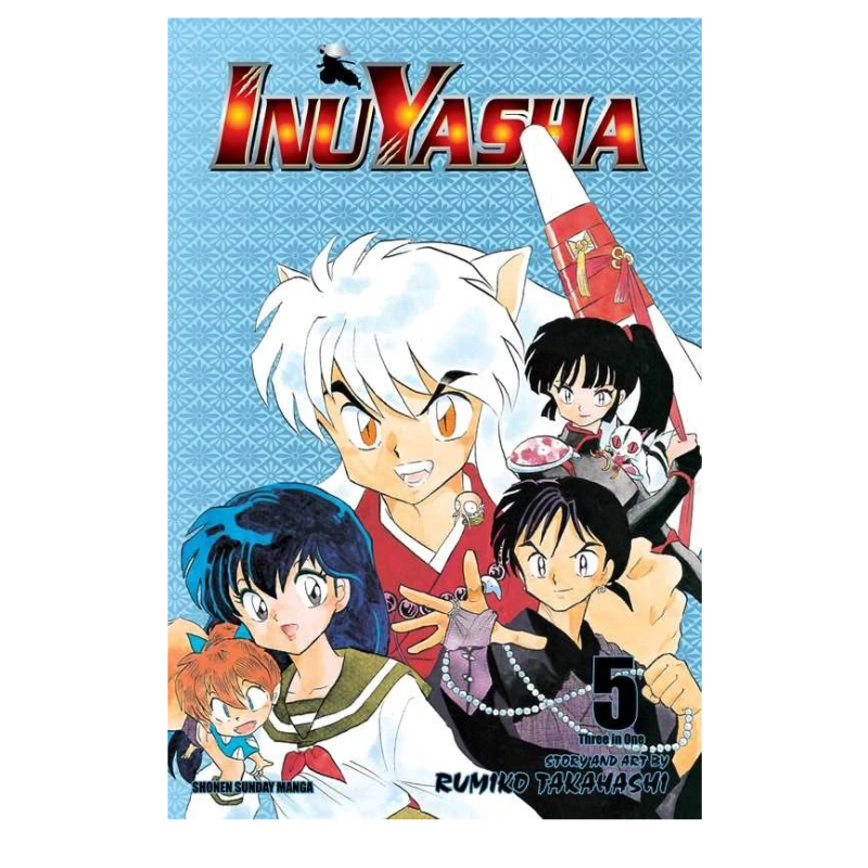InuYasha Volume 5 manga book cover by Rumiko Takayashi, featuring the main characters against a light blue patterned background with the title 'InuYasha' in large red and gold letters at the top.