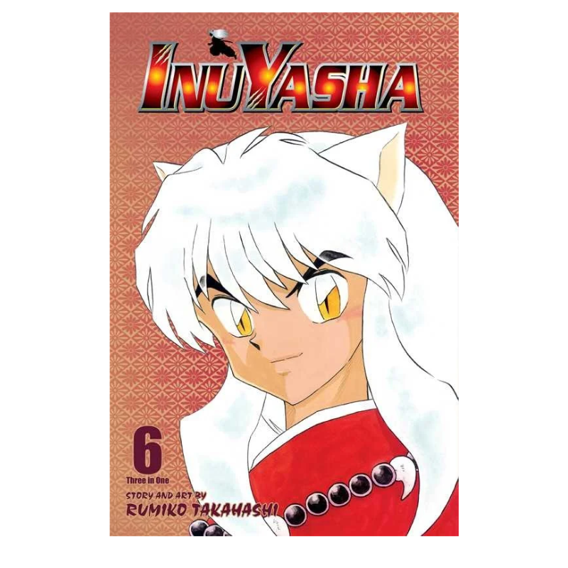 InuYasha Volume 6 manga book cover featuring the character InuYasha with white hair and yellow eyes against a red patterned background.