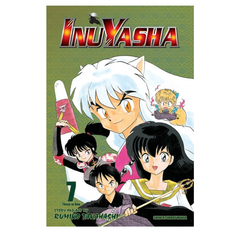 InuYasha Volume 7 manga book cover by Rumiko Takahashi, featuring the main characters from the anime series on a textured olive green background with the title 'InuYasha' in large red and black letters at the top.