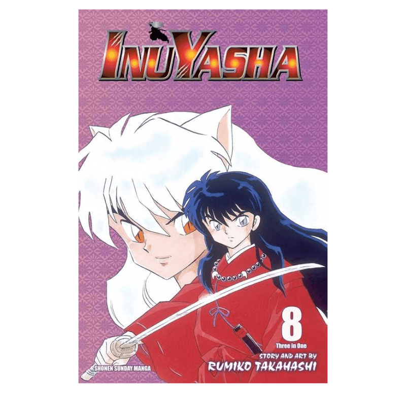 Inuyasha Volume 8 manga book cover featuring the title 'Inuyasha' at the top, with the two main characters shown in anime artwork on a purple patterned background.