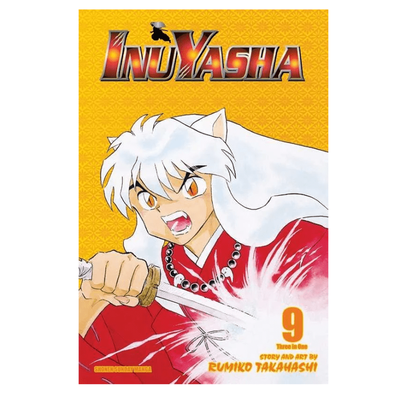 InuYasha Volume 9 manga book cover featuring the character Inuyasha with white hair and a red outfit against a textured yellow background.