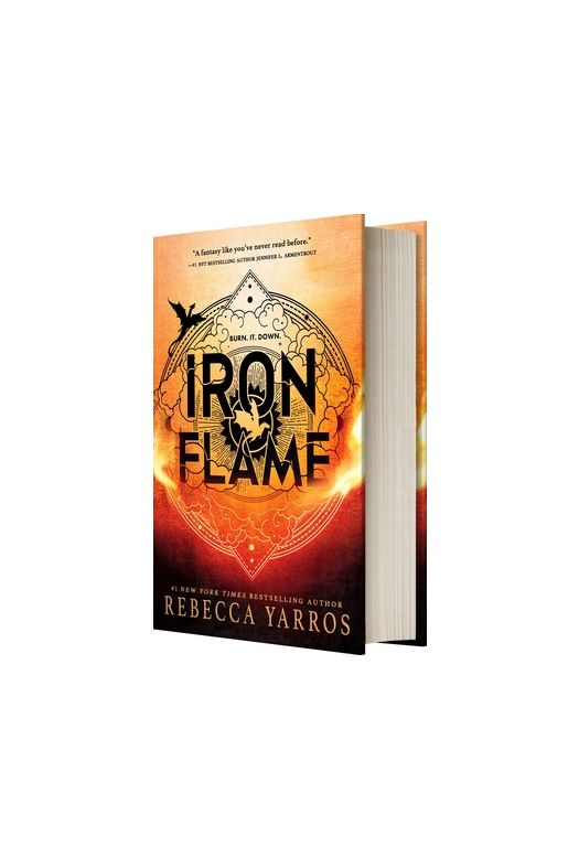 The book cover of 'Iron Flame' by Rebecca Yarros, shown as a 3D mockup with the pages turned back, on a solid white background.