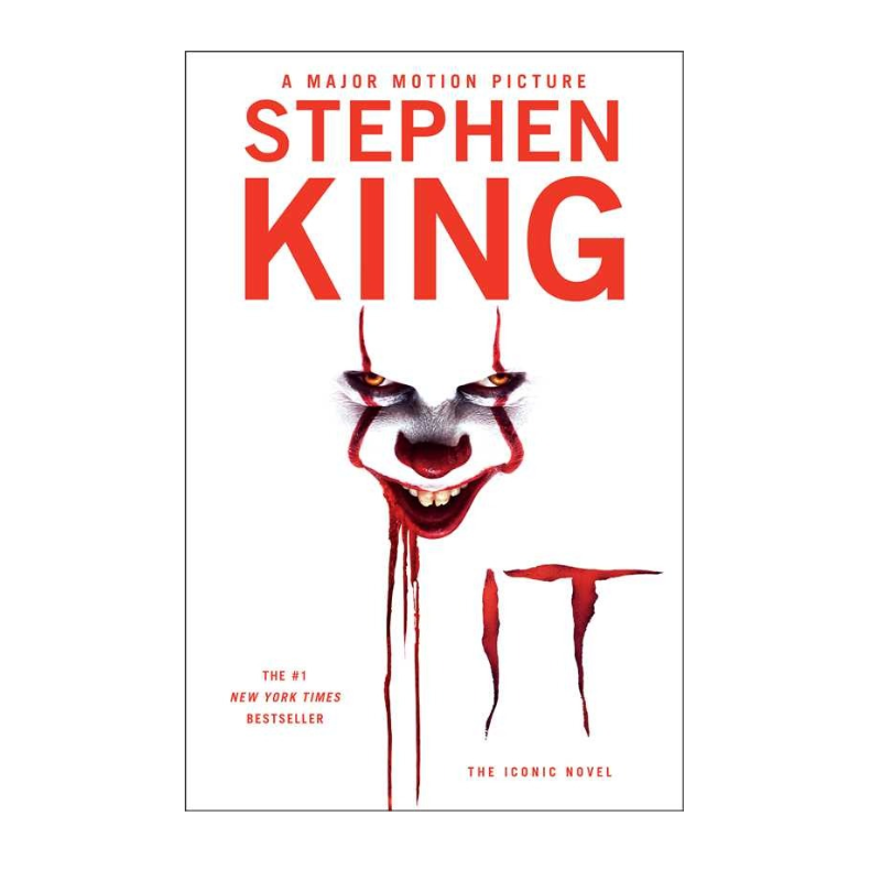 Book cover for Stephen King's 'It' featuring a white background, bold red title text, and a dripping clown face illustration in the center.