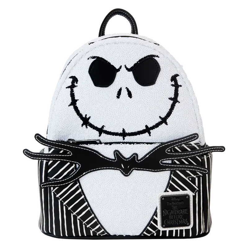 Loungefly exclusive Jack Skellington mini backpack with glittering sequin body and character-inspired details