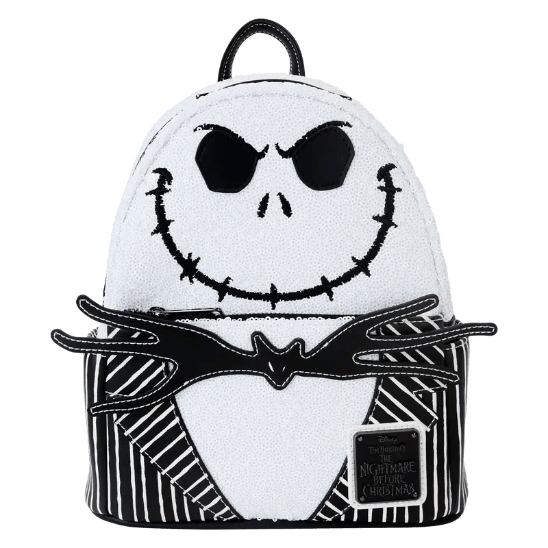 Loungefly exclusive Jack Skellington mini backpack with glittering sequin body and character-inspired details