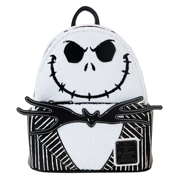 Loungefly exclusive Jack Skellington mini backpack with glittering sequin body and character-inspired details