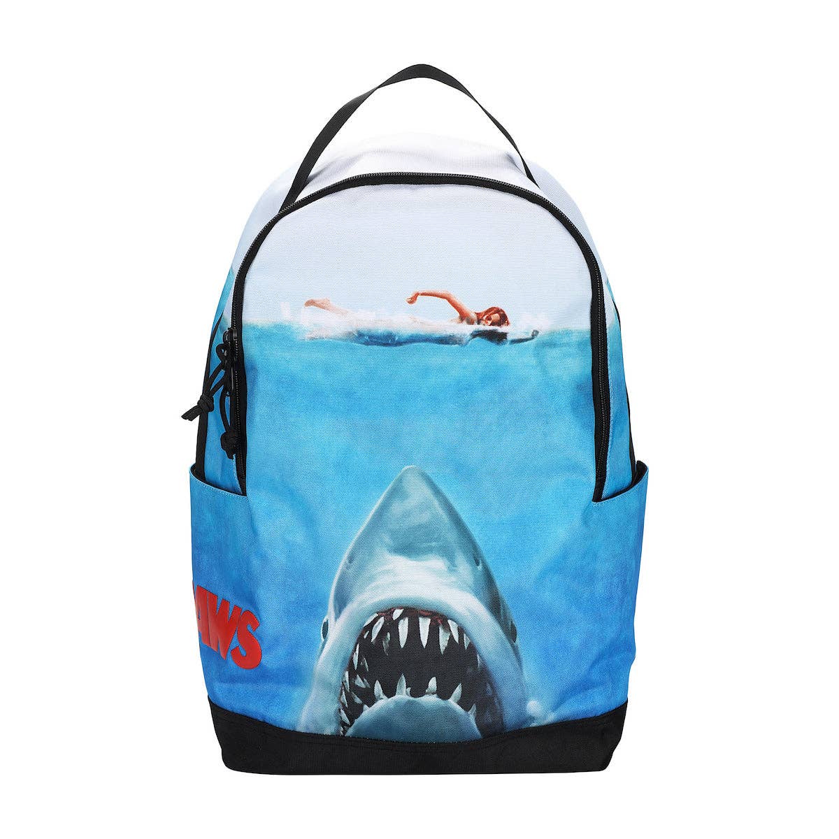 Backpack with a shark and swimmer design on a white background