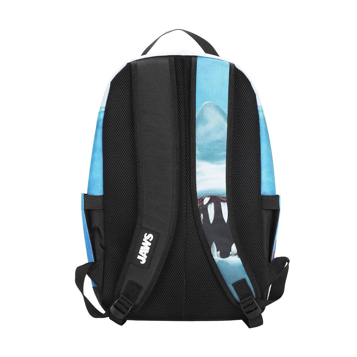 Black backpack with blue accents and a whale design on a white background