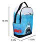 Backpack with shark design and 'Jaws' text, shown with measurements on a white background
