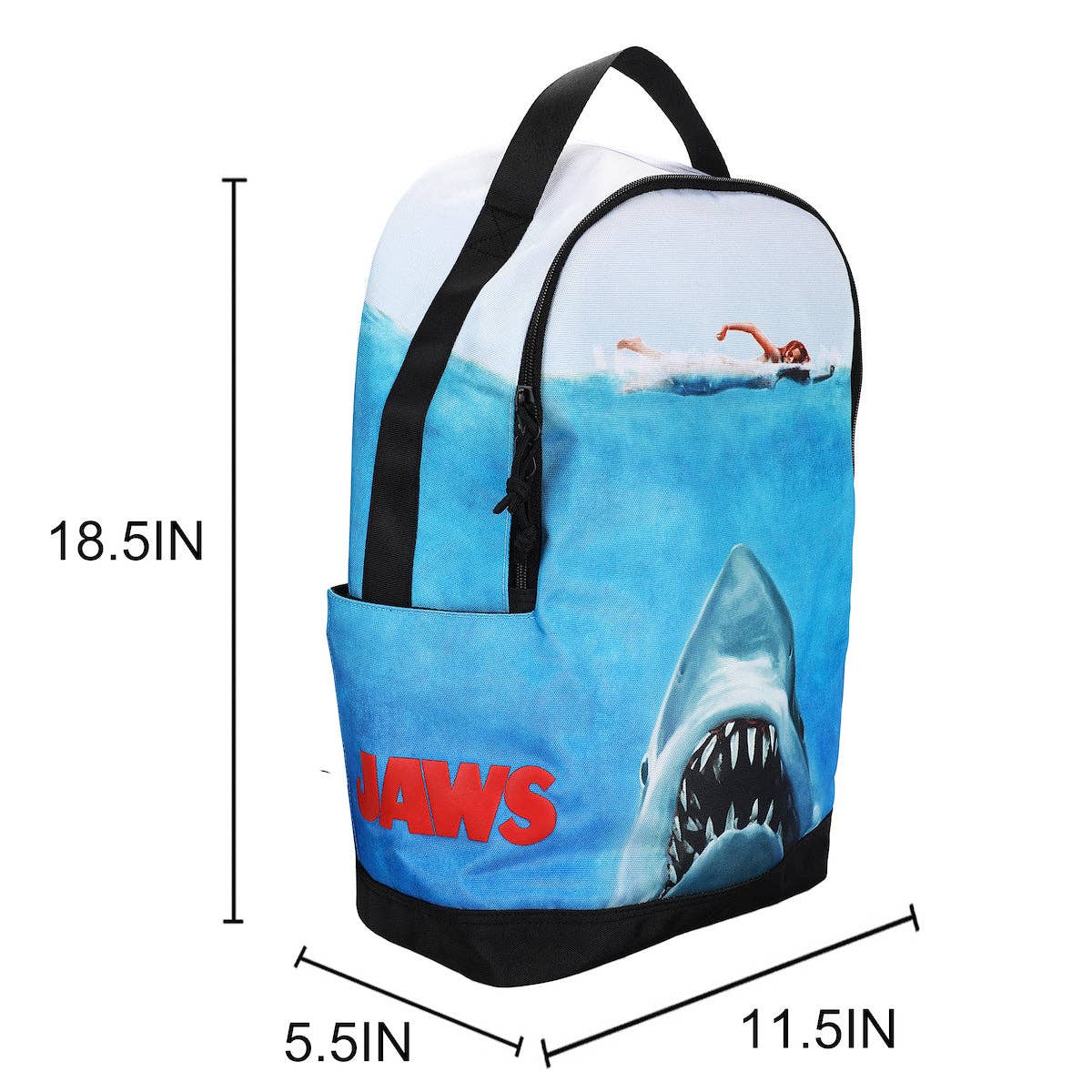 Backpack with shark design and 'Jaws' text, shown with measurements on a white background