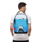 Person wearing a backpack with a shark design on a white background