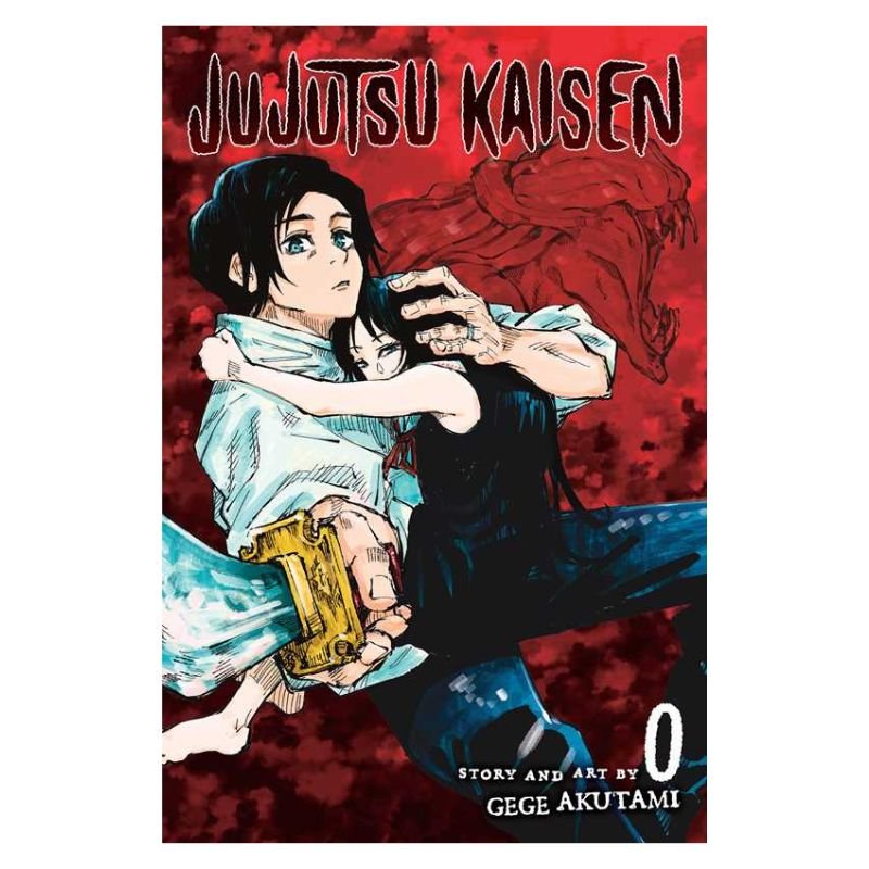 Jujutsu Kaisen Volume 0 manga book cover by Gege Akutami, featuring an illustrated scene of a character in a black outfit holding another person against a red textured background.