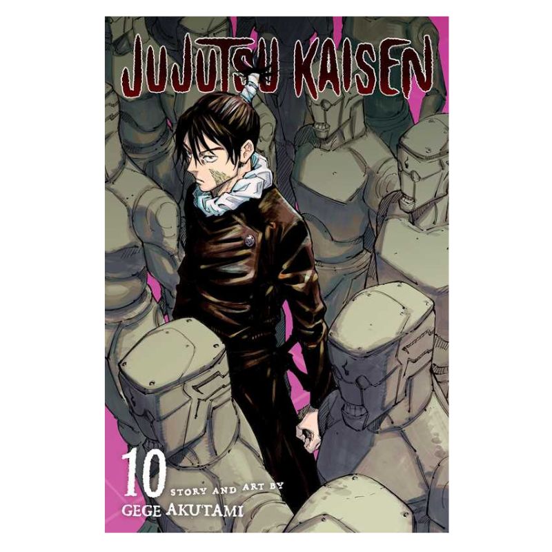 Jujutsu Kaisen Volume 10 book cover by Gege Akutami, featuring a dark-haired male character in a brown outfit and white ruffled collar standing among gray stone-like statues against a pink and gray background.