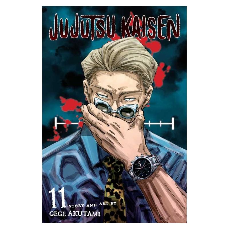 Jujutsu Kaisen Volume 11 manga book cover featuring a stylized illustration of a blond man in a blue patterned shirt, leopard-print tie, and wristwatch, covering his mouth with his hand against a dark teal background with red splatter details.