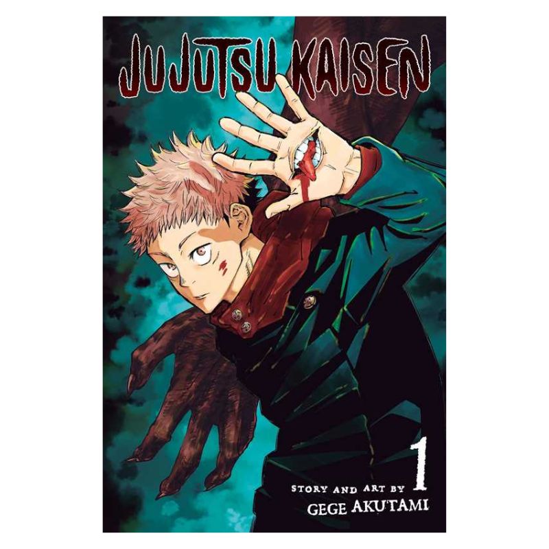 Jujutsu Kaisen Volume 1 manga book cover featuring a stylized illustration of a young man with pink hair in a dark coat, with a large dark hand reaching behind him against a teal background.
