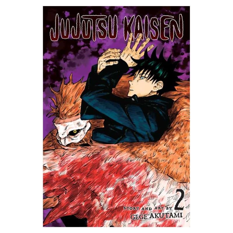 Jujutsu Kaisen Volume 2 manga book cover by Gege Akutami, featuring a dark-haired character in a black outfit with hands raised, a white mask with orange hair, and a large red furry creature against a purple background.