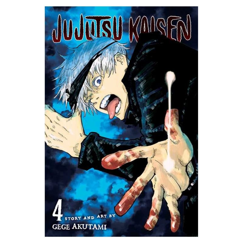 Jujutsu Kaisen Volume 4 manga book cover featuring a dramatic illustration of a pale blue-haired character reaching forward with a blood-stained hand, set against a dark blue and black background. The title 'Jujutsu Kaisen' appears at the top, and '4 Story and Art by Gege Akutami' is shown at the bottom.