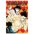 Jujutsu Kaisen volume 5 manga book cover by Gege Akutami, featuring illustrated characters in a dynamic pose against a background of red hearts on a yellow-orange field.
