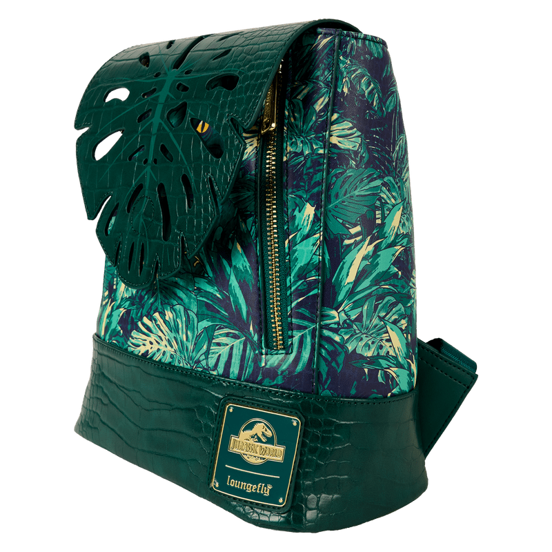 Drawstring backpack showcasing Jurassic World velociraptor with jungle graphics

