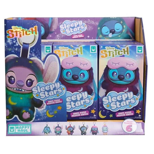 Disney Stitch Sleepy Stars blind box display containing six individual vinyl figure boxes, featuring Stitch in a green space outfit and a purple plush figure with a pink sleeping cap.