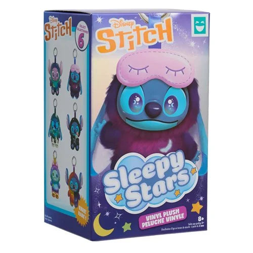 Disney Stitch 'Sleepy Stars' vinyl plush toy packaging box, featuring Stitch with a pink sleep mask on a purple and blue starry background.