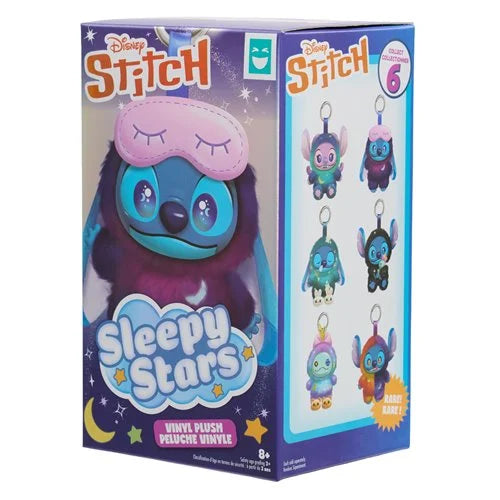 Disney Stitch 'Sleepy Stars' vinyl plush toy packaging box, featuring a large illustration of Stitch wearing a pink sleep mask and showing six different character keychain designs on the side panel.