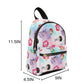 Backpack with cartoon character pattern and measurements on a white background