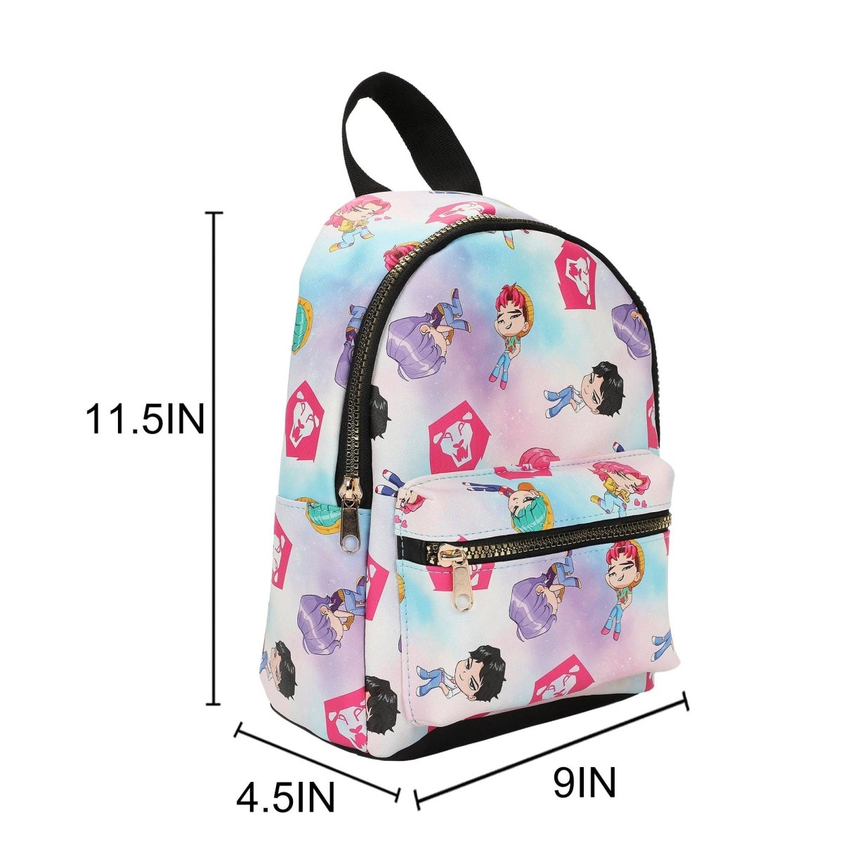 Backpack with cartoon character pattern and measurements on a white background