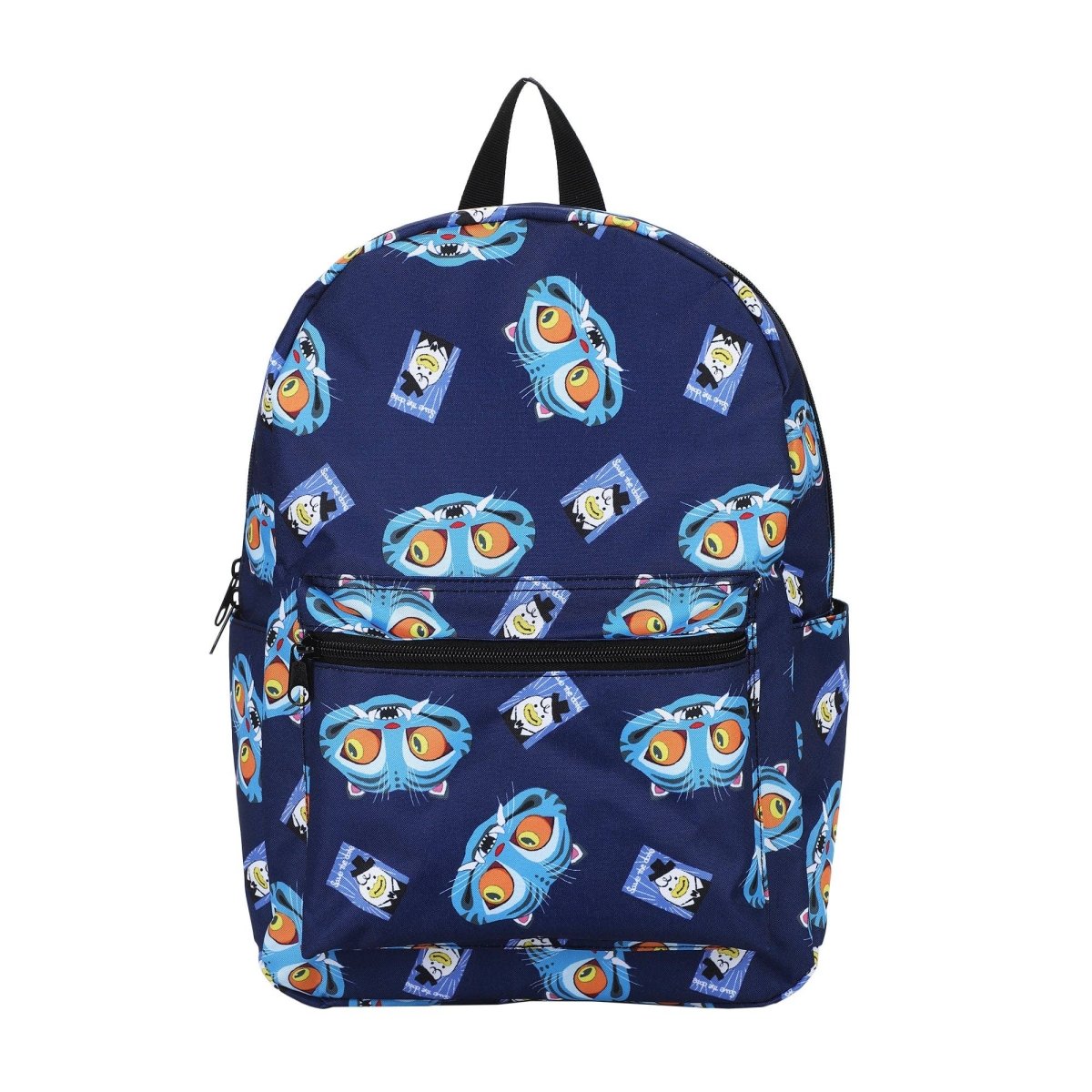 Navy blue backpack with cartoon character pattern on a white background