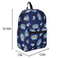 Navy blue backpack with cartoon character pattern and measurements on a white background